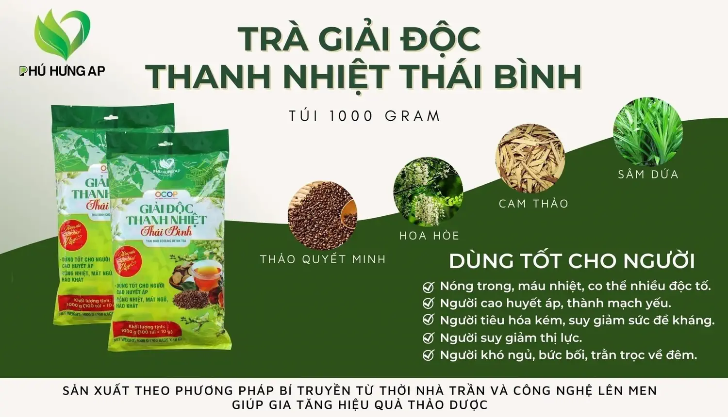 Thành phần và công dụng Trà Giải Độc Thanh Nhiệt Thái Bình 1Kg Phú Hưng AP chính hãng giá tốt - Dropbiz