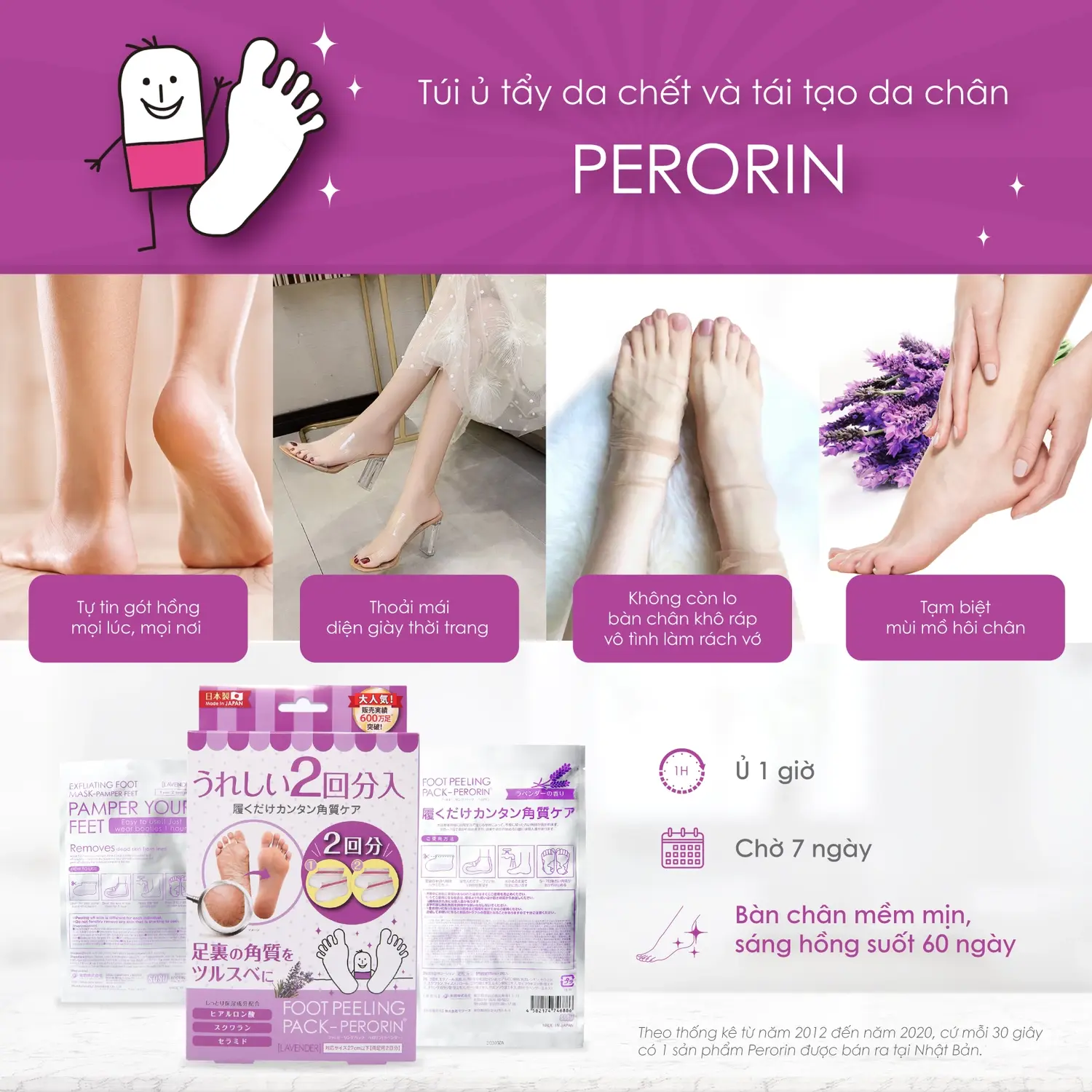 Foot Peeling Pack Perorin hương Lavender chính hãng giá rẻ bàn chân sáng mịn láng hồng suốt 60 ngày - Dropbiz