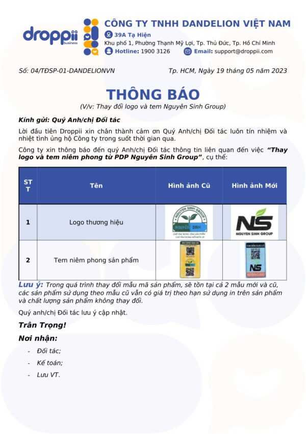 Nguyên Sinh Group thông báo thay đổi tem niêm phong và logo - Dropbiz