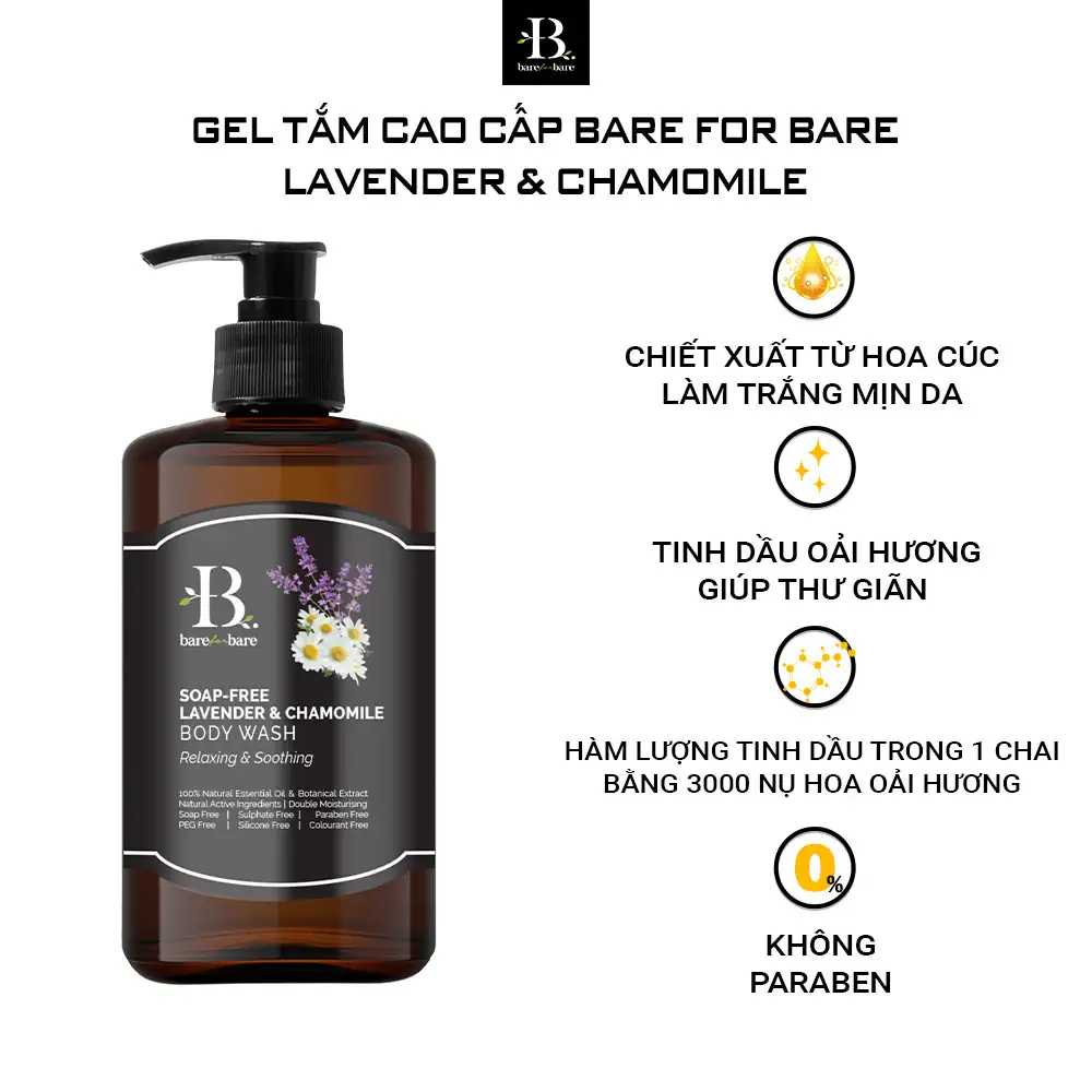 Gel tắm dưỡng ẩm Bare For Bare - Lavender & Chamomile (thư giãn & làm dịu) - Dropbiz