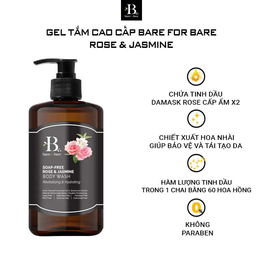 Gel tắm dưỡng ẩm Bare For Bare - Rose & Jasmine (phục hồi & dưỡng ẩm) - Dropbiz