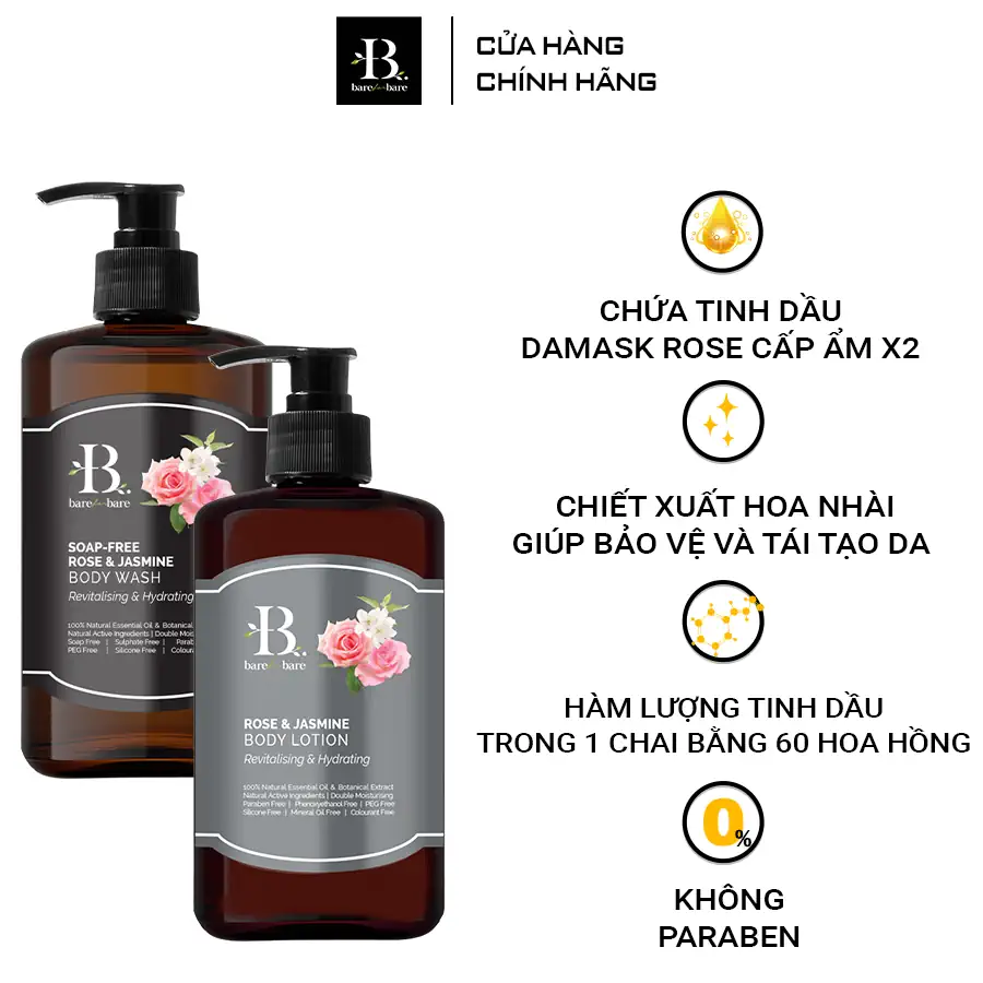 Ưu điêm Bộ chăm sóc cơ thể Rose and Jasmine - gel tắm và sữa dưỡng thể Cấp ẩm và phục hồi Bare for Bare - Dropbiz