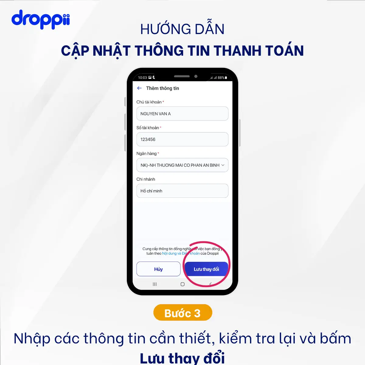 Hướng dẫn cập nhật thông tin tài khoản ngân hàng nhận chiết khấu Droppii - bước 3