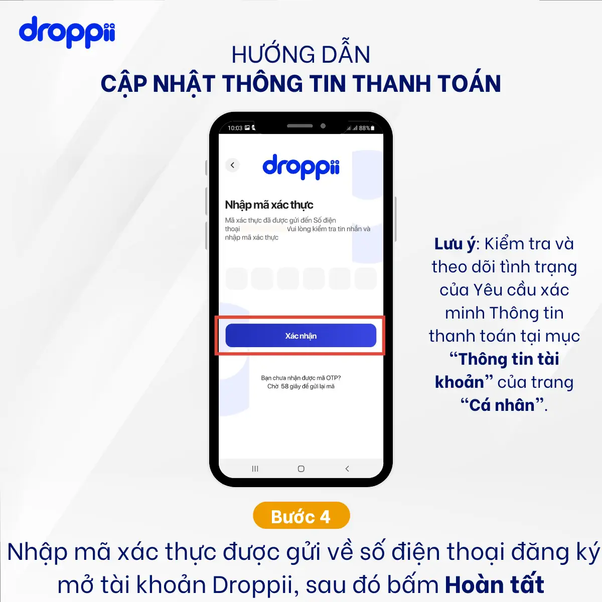 Hướng dẫn cập nhật thông tin tài khoản ngân hàng nhận chiết khấu Droppii - bước 4