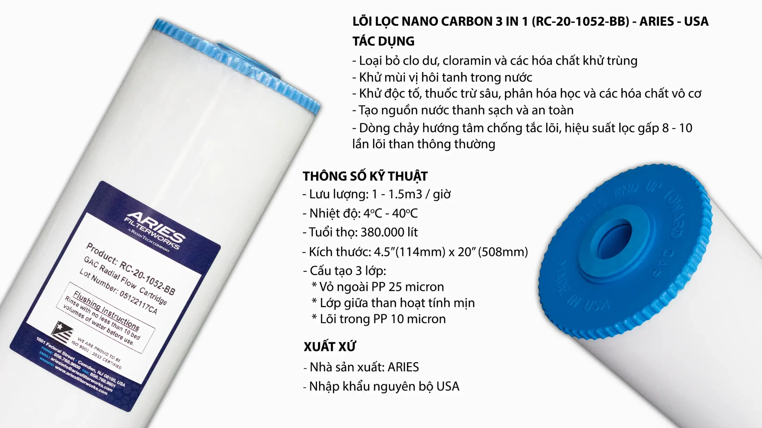 LÕi LỌc Nano Carbon 3 Trong 1 – Aries – Made In Usa