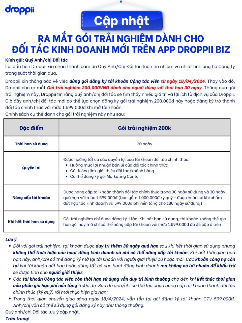 Điều Khoản Gói Trải Nghiệm Kinh Doanh Droppii 1 Tháng